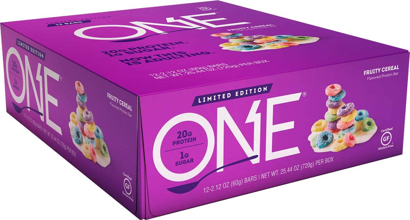 ONE 1 Protein Bars GlutenFree Protein Bar with 20g Protein and only 1g Sugar Snacking for High Protein Diets 2.12 Ounce Pack, Fruity Cereal, 12 Count