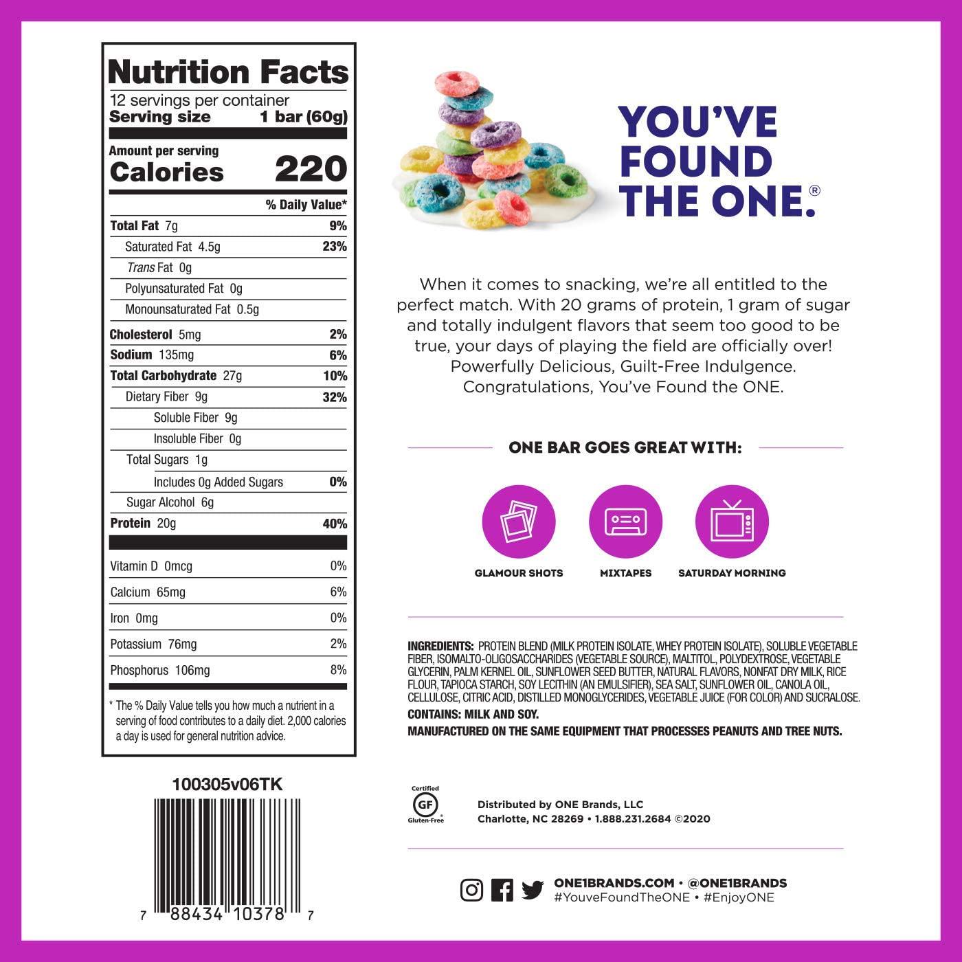ONE 1 Protein Bars GlutenFree Protein Bar with 20g Protein and only 1g Sugar Snacking for High Protein Diets 2.12 Ounce Pack, Fruity Cereal, 12 Count