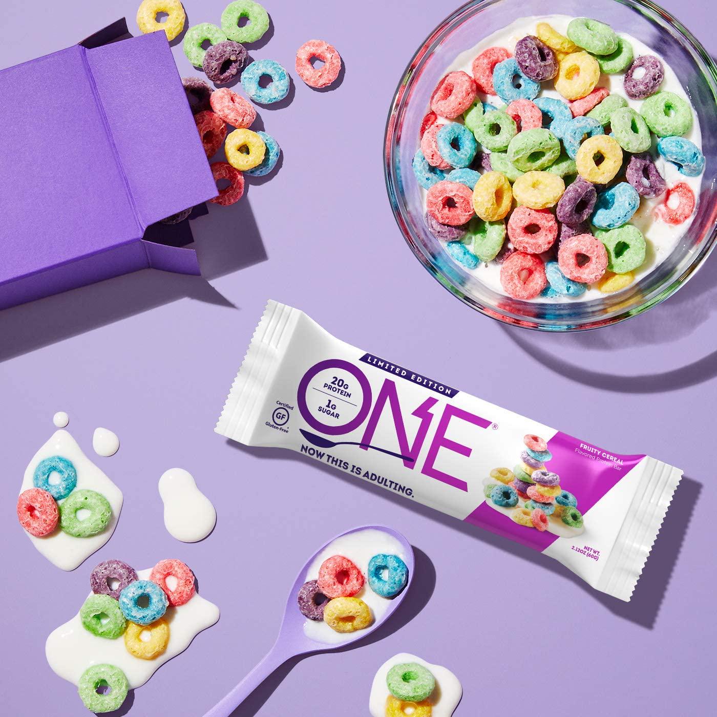 ONE 1 Protein Bars GlutenFree Protein Bar with 20g Protein and only 1g Sugar Snacking for High Protein Diets 2.12 Ounce Pack, Fruity Cereal, 12 Count