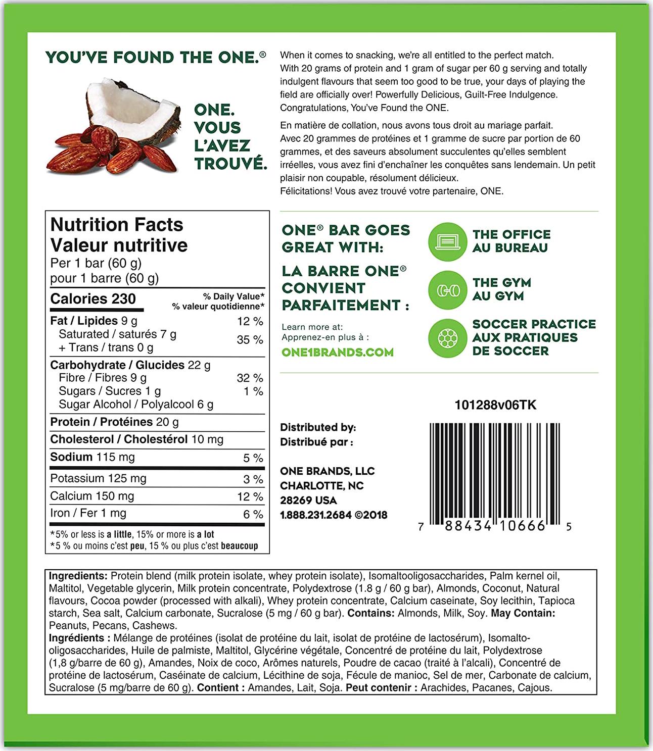 ONE Protein Bars, Almond Bliss, Gluten Free Protein Bars with 20g Protein and only 1g Sugar, Guilt-Free Snacking for High Protein Diets, 2.12 oz (12 Pack)