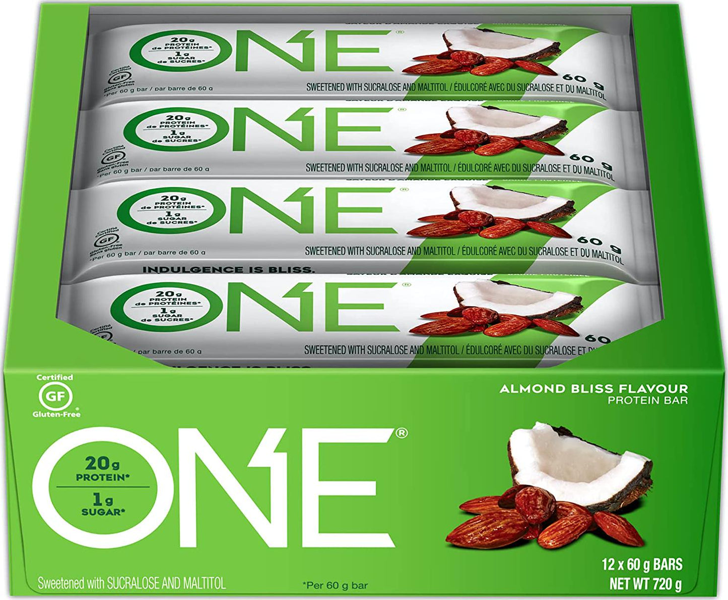 ONE Protein Bars, Almond Bliss, Gluten Free Protein Bars with 20g Protein and only 1g Sugar, Guilt-Free Snacking for High Protein Diets, 2.12 oz (12 Pack)