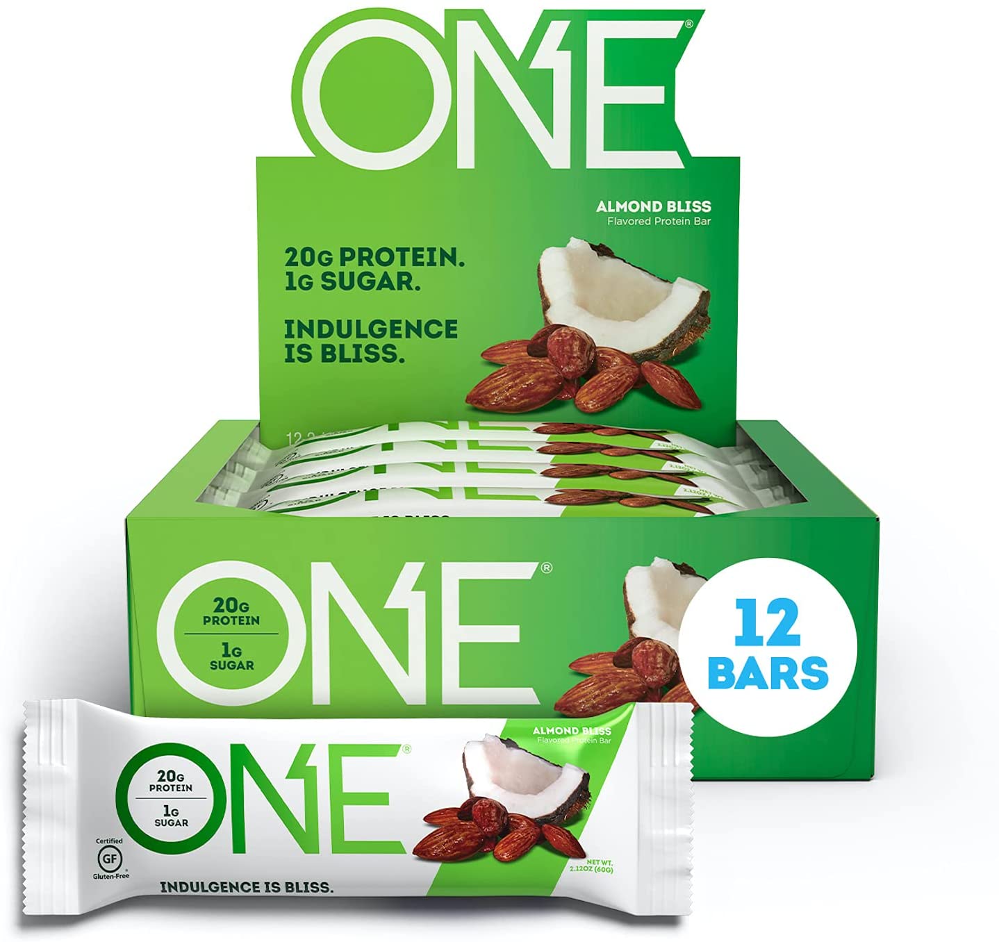 ONE Protein Bars, Almond Bliss, Gluten Free Protein Bars with 20g Protein and only 1g Sugar, Guilt-Free Snacking for High Protein Diets, 2.12 oz (12 Pack)