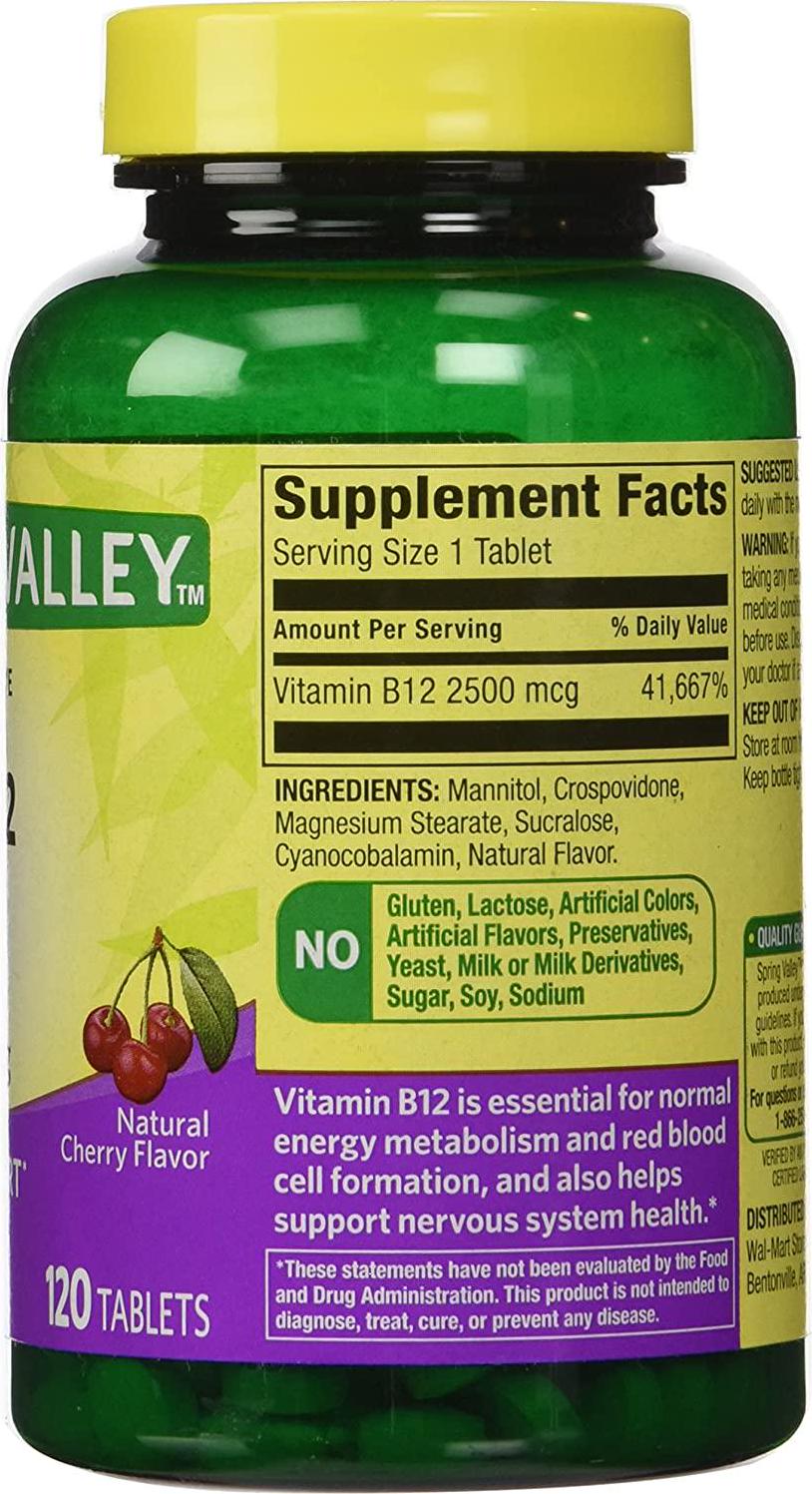 ONLY 1 IN PACK Spring Valley Fast-Dissolve Vitamin B12 2500 Mcg, Metabolism Support, 120 Tablets cherry flavor