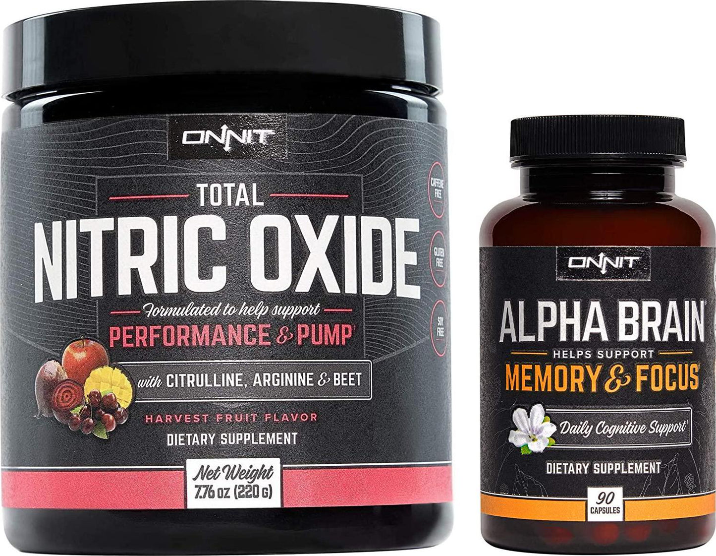 ONNIT Nootropic + Preworkout Stack - Alpha Brain (90ct) + Total Nitric Oxide (Harvest Fruit)