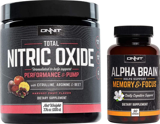 ONNIT Nootropic + Preworkout Stack - Alpha Brain (90ct) + Total Nitric Oxide (Harvest Fruit)