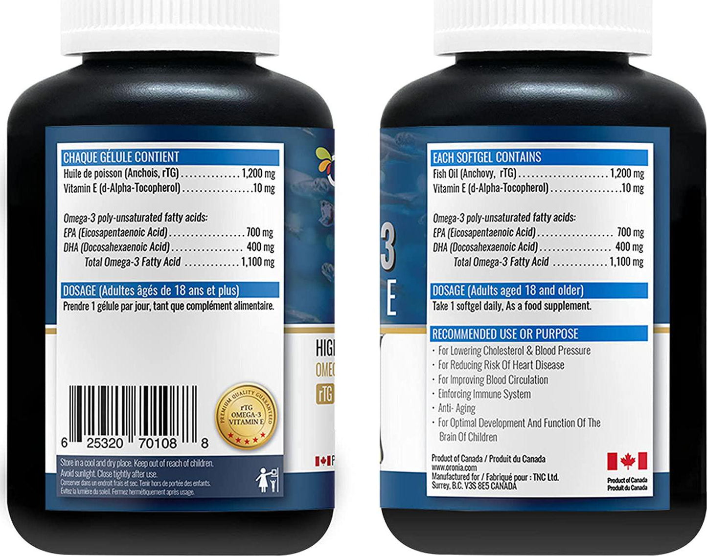 ORONIA rTG Omega 3 + Organic Vitamin E Soft Capsules - 180 Omega 3 Fish Oil with Vitamin E for Eye Health, Brain Growth and Development, Bone and Joint Health - 1100mg EPA and DHA - Made in Canada