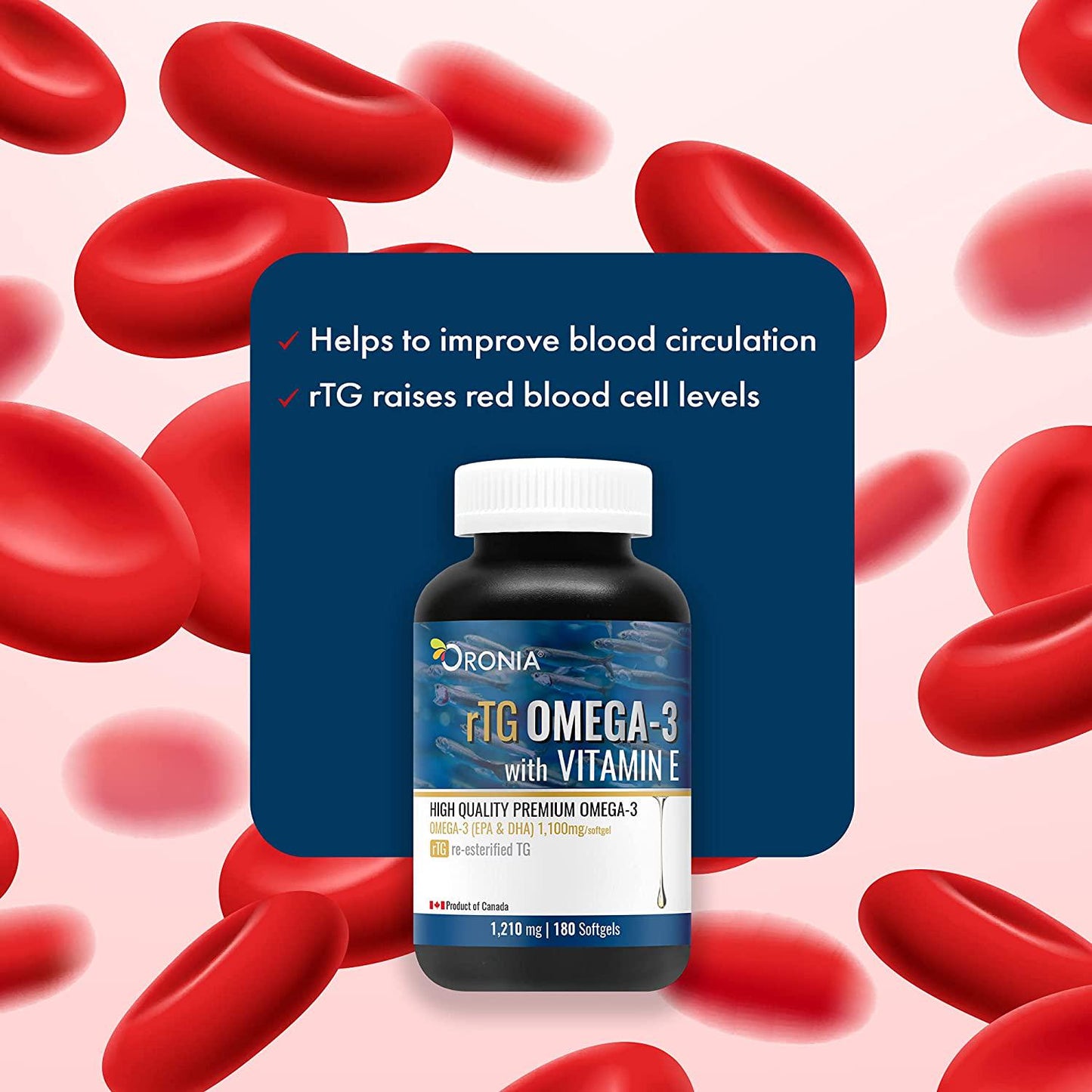 ORONIA rTG Omega 3 + Organic Vitamin E Soft Capsules - 180 Omega 3 Fish Oil with Vitamin E for Eye Health, Brain Growth and Development, Bone and Joint Health - 1100mg EPA and DHA - Made in Canada