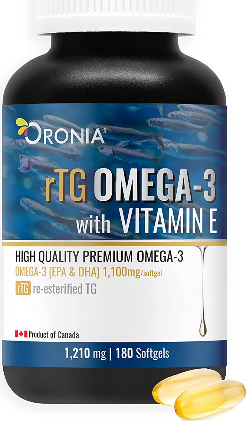 ORONIA rTG Omega 3 + Organic Vitamin E Soft Capsules - 180 Omega 3 Fish Oil with Vitamin E for Eye Health, Brain Growth and Development, Bone and Joint Health - 1100mg EPA and DHA - Made in Canada