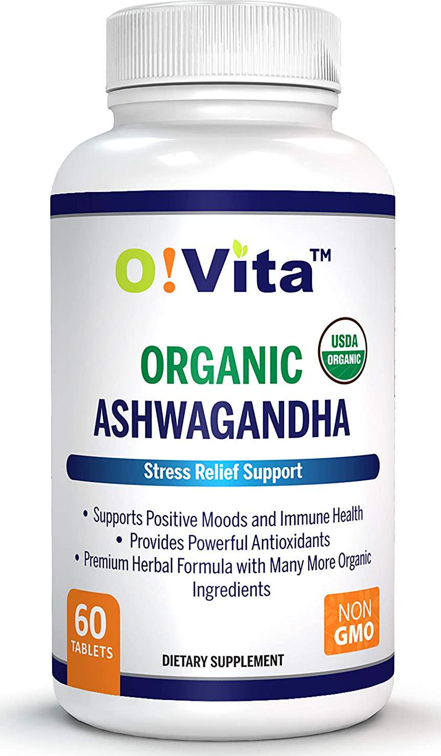O!VITA Organic Ashwagandha with Organic Black Pepper, Natural Anxiety/Stress Relief, Mood Enhancer, Thyroid Support, 2-Month Supply (60 Non-GMO Tablets)