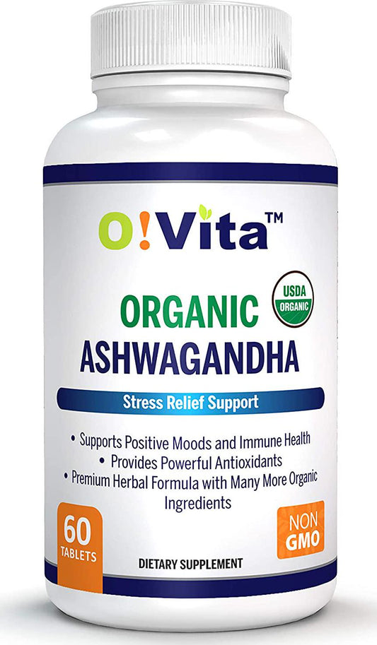 O!VITA Organic Ashwagandha with Organic Black Pepper, Natural Anxiety/Stress Relief, Mood Enhancer, Thyroid Support, 2-Month Supply (60 Non-GMO Tablets)