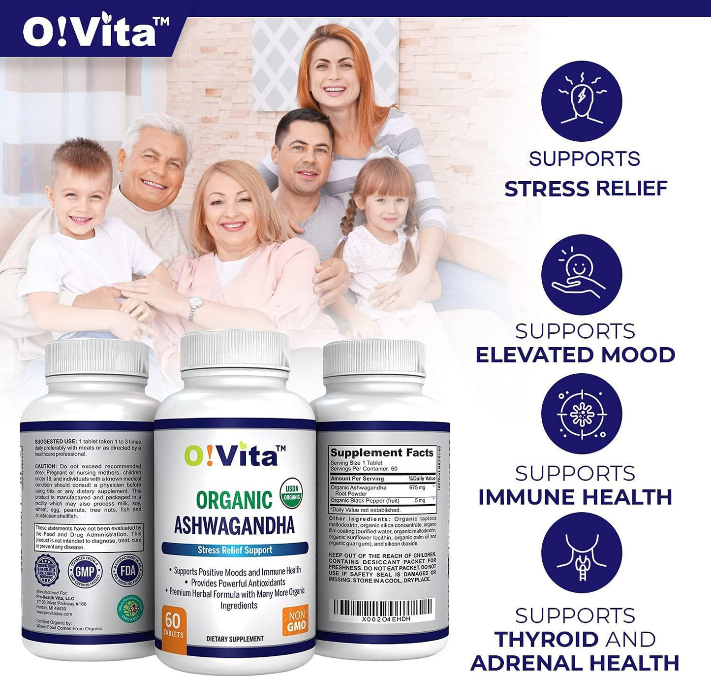 O!VITA Organic Ashwagandha with Organic Black Pepper, Natural Anxiety/Stress Relief, Mood Enhancer, Thyroid Support, 2-Month Supply (60 Non-GMO Tablets)