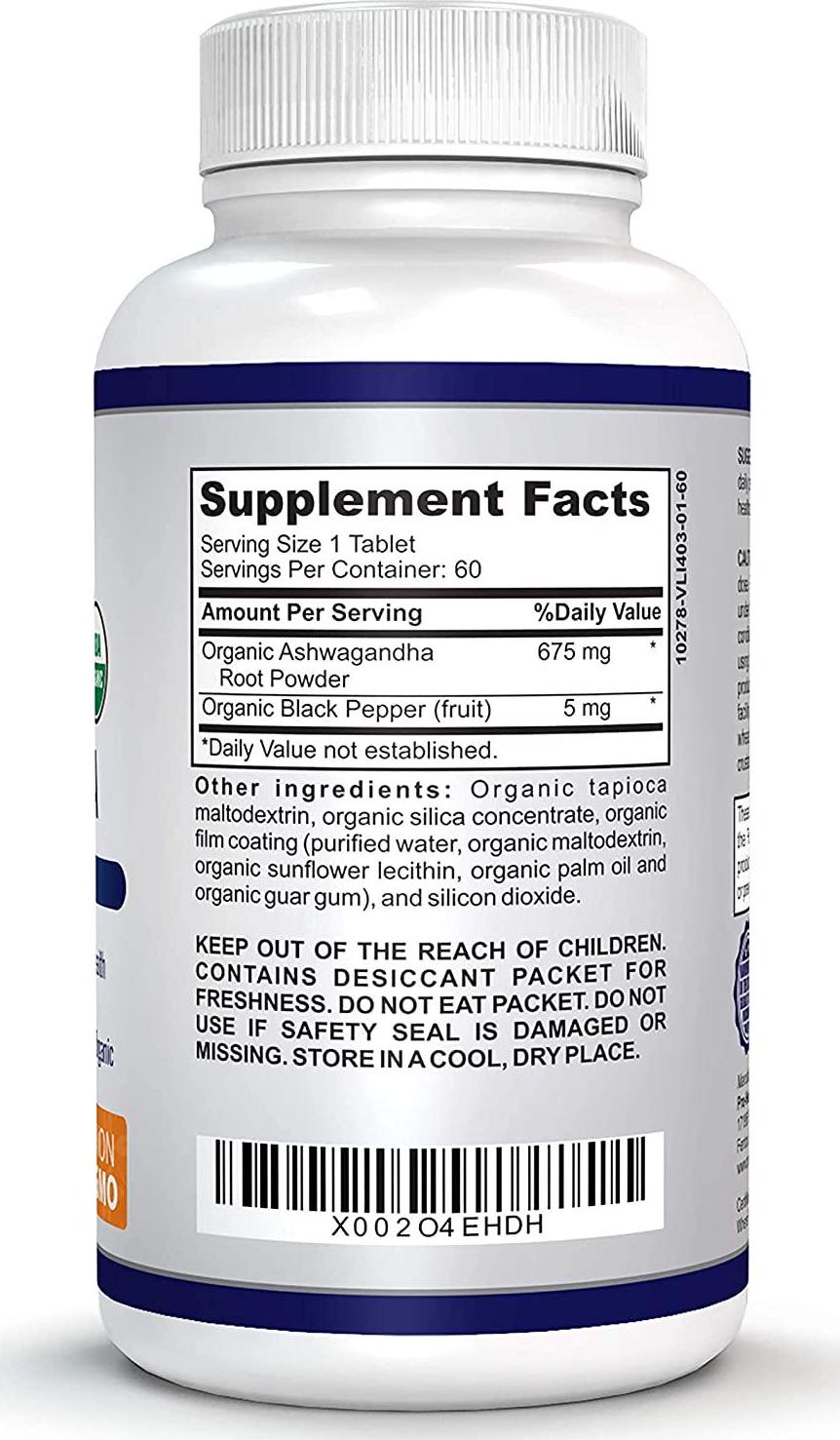 O!VITA Organic Ashwagandha with Organic Black Pepper, Natural Anxiety/Stress Relief, Mood Enhancer, Thyroid Support, 2-Month Supply (60 Non-GMO Tablets)