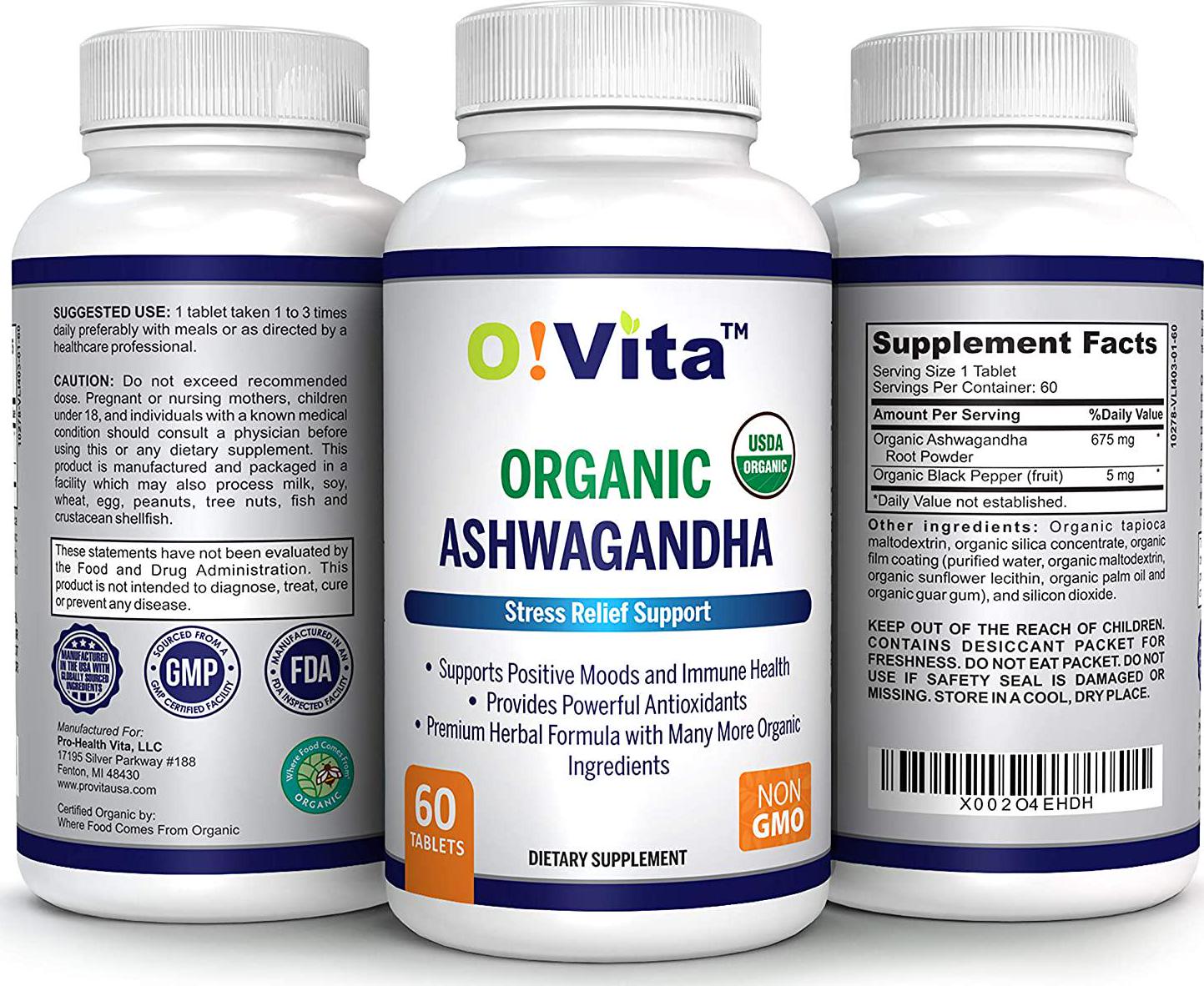 O!VITA Organic Ashwagandha with Organic Black Pepper, Natural Anxiety/Stress Relief, Mood Enhancer, Thyroid Support, 2-Month Supply (60 Non-GMO Tablets)