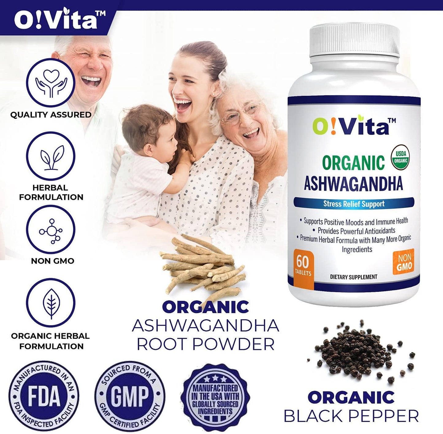 O!VITA Organic Ashwagandha with Organic Black Pepper, Natural Anxiety/Stress Relief, Mood Enhancer, Thyroid Support, 2-Month Supply (60 Non-GMO Tablets)