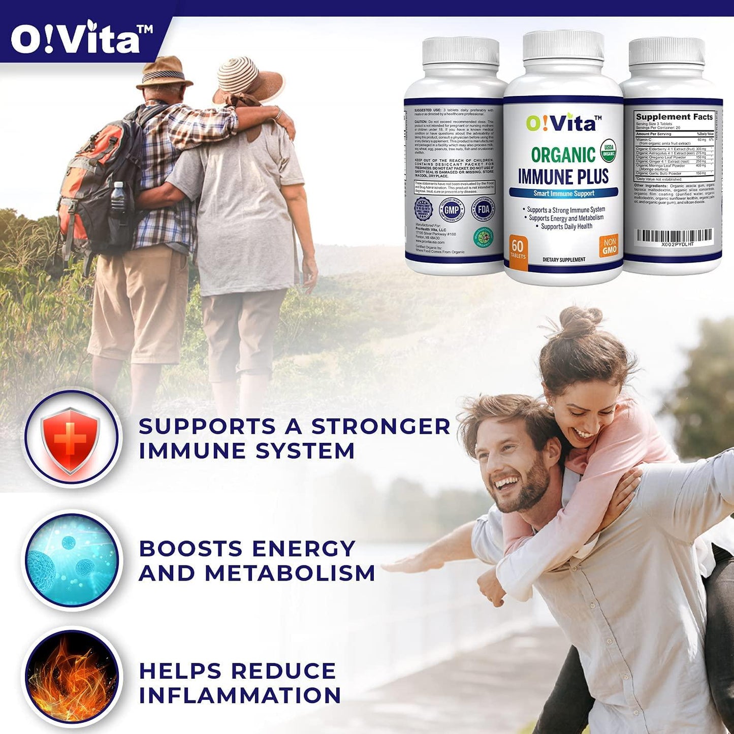 O!VITA Organic Immune Plus, 7-in-1 USDA Certified Organic Immunity Booster, with 300mg Elderberry, Oregano Leaf Powder, Moringa Leaf Powder (60 Non-GMO, Herbal Tablets)