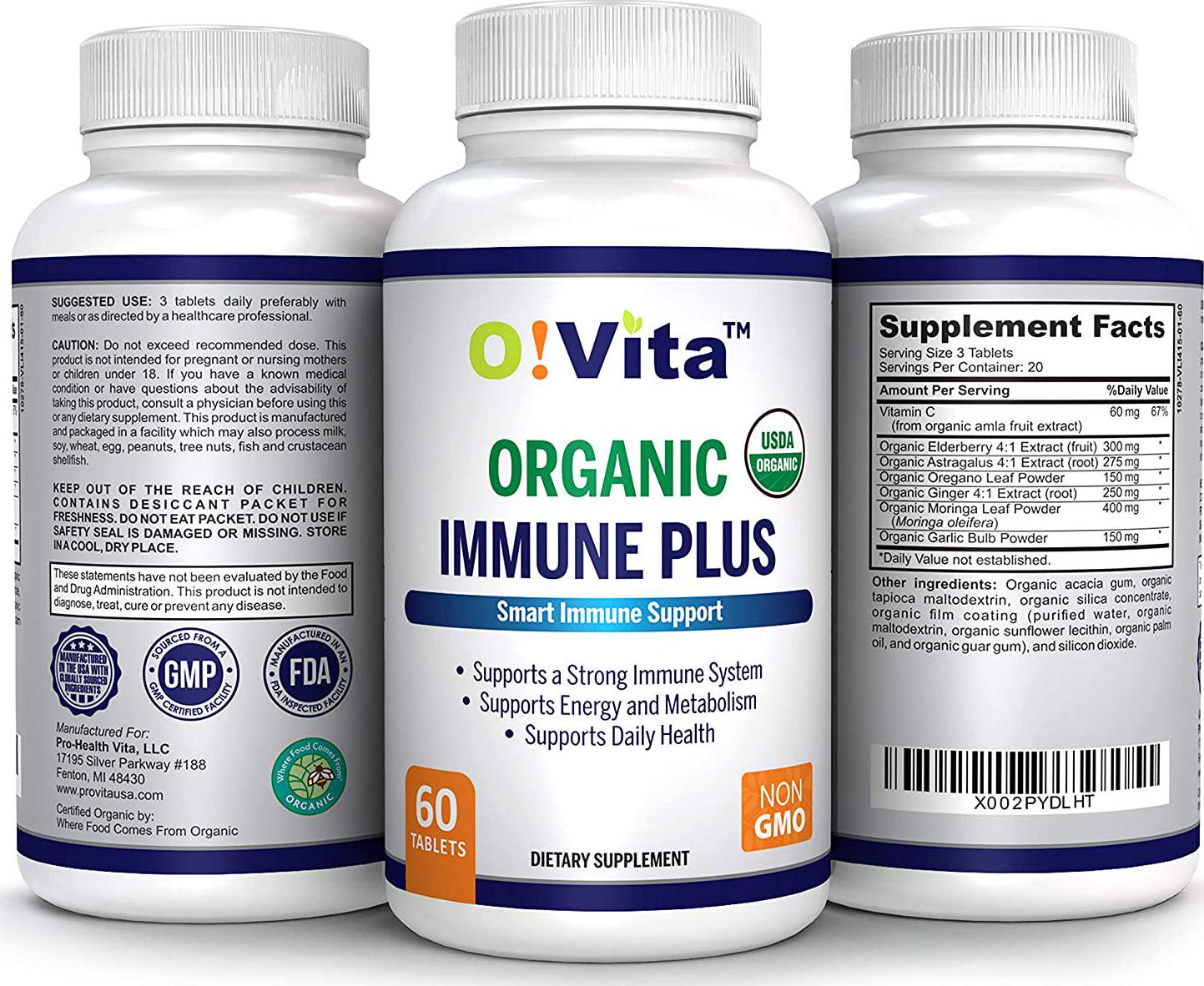 O!VITA Organic Immune Plus, 7-in-1 USDA Certified Organic Immunity Booster, with 300mg Elderberry, Oregano Leaf Powder, Moringa Leaf Powder (60 Non-GMO, Herbal Tablets)