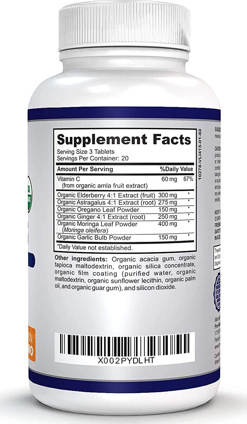 O!VITA Organic Immune Plus, 7-in-1 USDA Certified Organic Immunity Booster, with 300mg Elderberry, Oregano Leaf Powder, Moringa Leaf Powder (60 Non-GMO, Herbal Tablets)