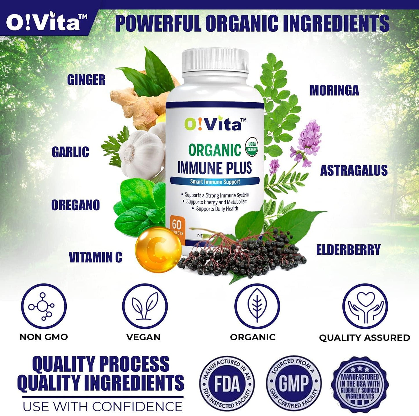 O!VITA Organic Immune Plus, 7-in-1 USDA Certified Organic Immunity Booster, with 300mg Elderberry, Oregano Leaf Powder, Moringa Leaf Powder (60 Non-GMO, Herbal Tablets)