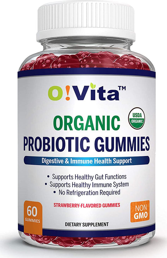 O!VITA Organic Probiotic Gummies - 5 Billion CFU, Max Strength, Strawberry Flavored, Gut Health and Immune Support for Men and Women (60 Non-GMO Gummies)