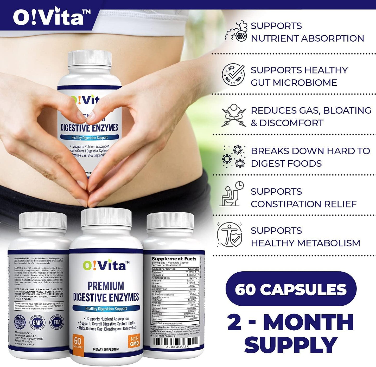 O!VITA Premium Digestive Enzymes, Gluten-Free, with 18 Types of enzymes, Better Digestion, Better Nutrient Absorption, 2-Month Supply (60 Non-GMO Vegetable Capsules)