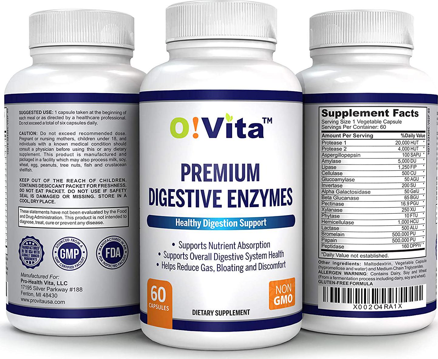 O!VITA Premium Digestive Enzymes, Gluten-Free, with 18 Types of enzymes, Better Digestion, Better Nutrient Absorption, 2-Month Supply (60 Non-GMO Vegetable Capsules)