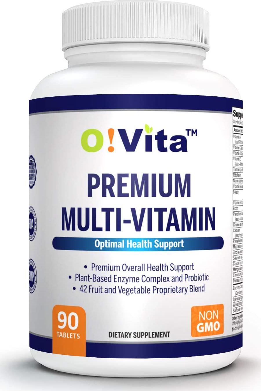O!VITA Premium Multi-Vitamin, with Echinacea, Amino Acid, Plant-Based Enzymes, Probiotics, 72 Naturally-Occurring Trace Minerals, 42 Fruits and Vegetable Proprietary Blend (90 Vegan Tablets)