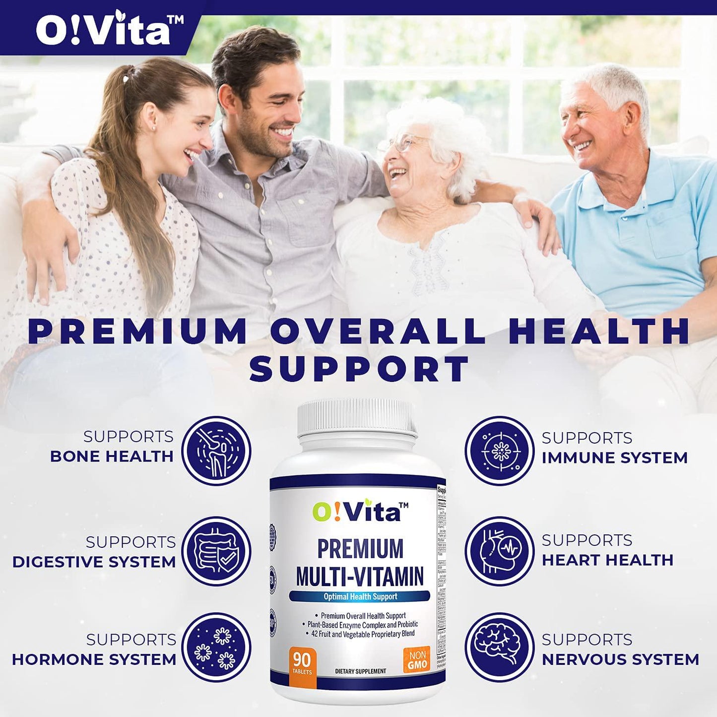 O!VITA Premium Multi-Vitamin, with Echinacea, Amino Acid, Plant-Based Enzymes, Probiotics, 72 Naturally-Occurring Trace Minerals, 42 Fruits and Vegetable Proprietary Blend (90 Vegan Tablets)
