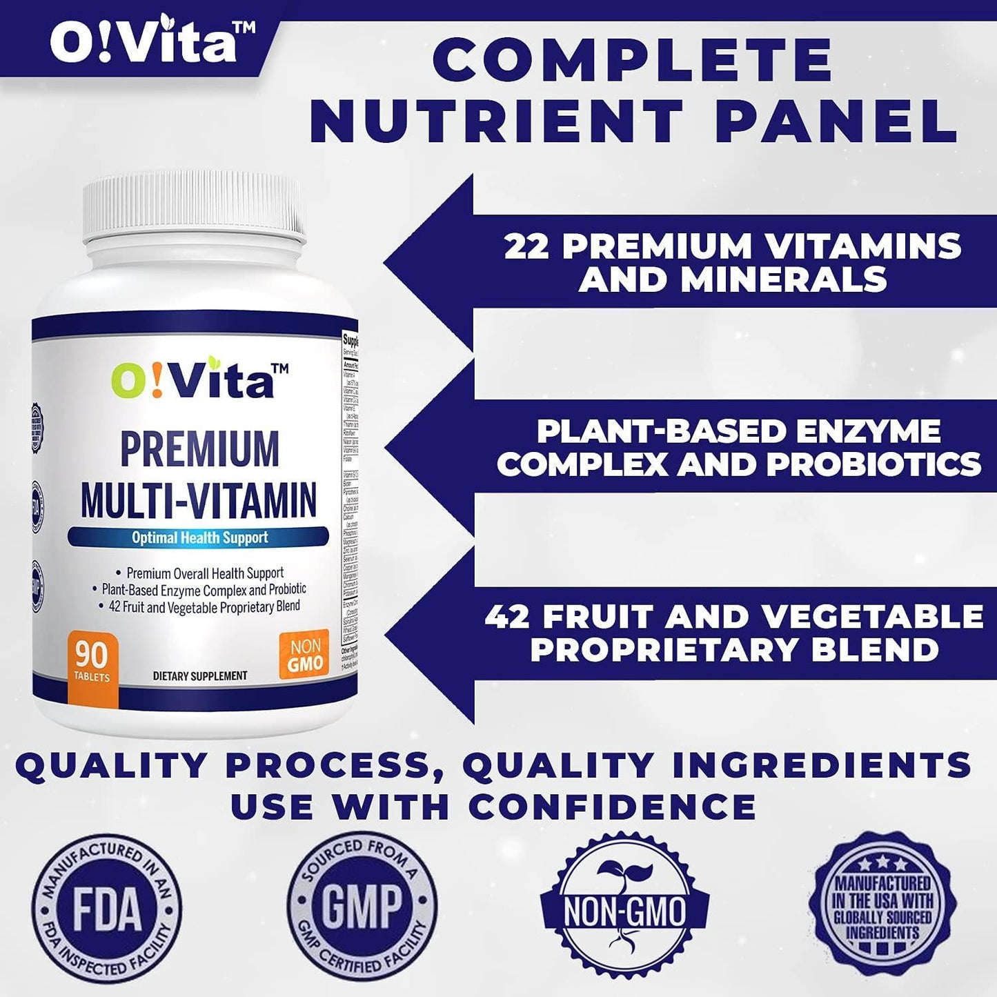 O!VITA Premium Multi-Vitamin, with Echinacea, Amino Acid, Plant-Based Enzymes, Probiotics, 72 Naturally-Occurring Trace Minerals, 42 Fruits and Vegetable Proprietary Blend (90 Vegan Tablets)