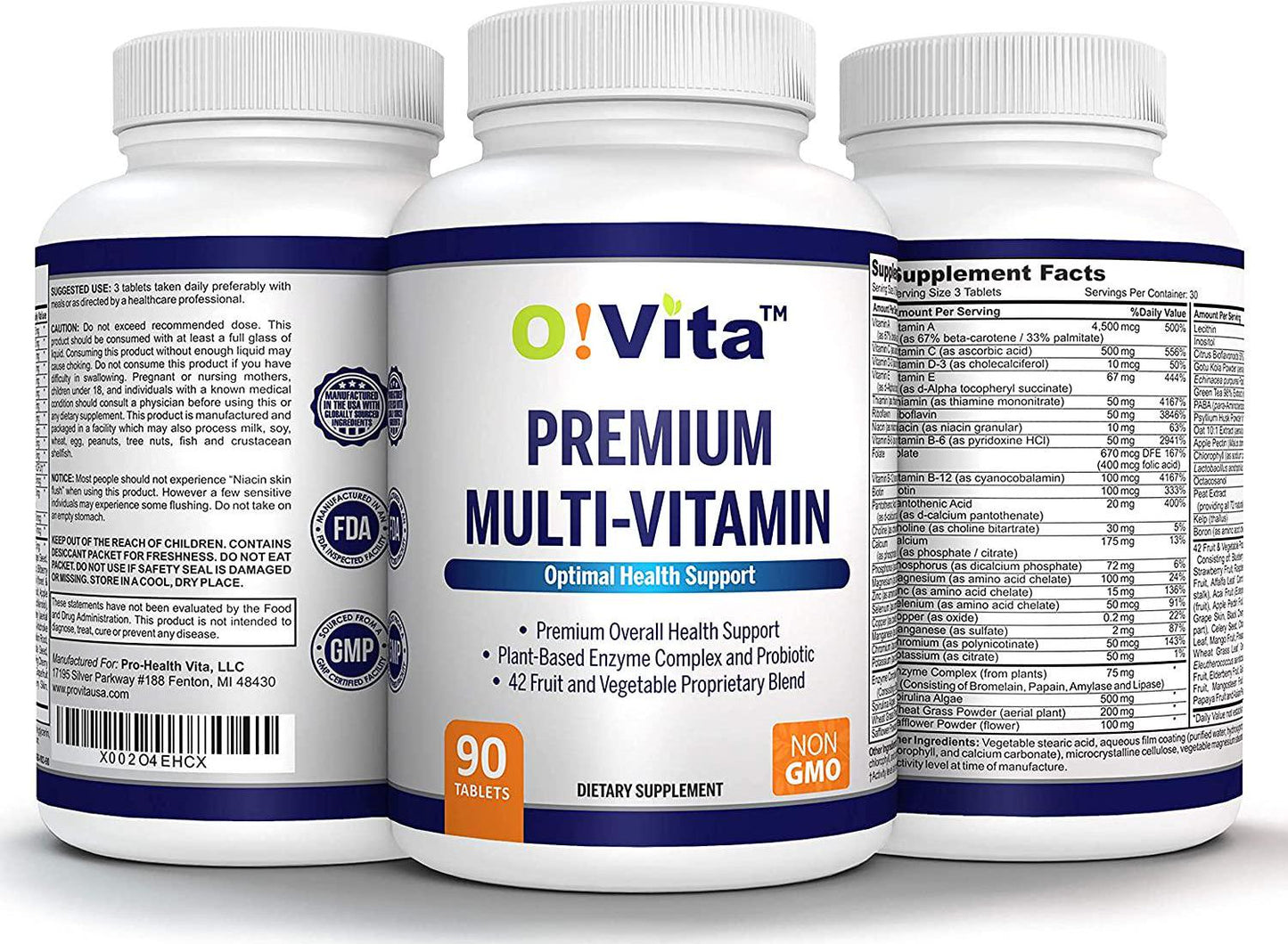 O!VITA Premium Multi-Vitamin, with Echinacea, Amino Acid, Plant-Based Enzymes, Probiotics, 72 Naturally-Occurring Trace Minerals, 42 Fruits and Vegetable Proprietary Blend (90 Vegan Tablets)