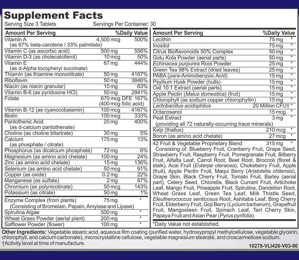 O!VITA Premium Multi-Vitamin, with Echinacea, Amino Acid, Plant-Based Enzymes, Probiotics, 72 Naturally-Occurring Trace Minerals, 42 Fruits and Vegetable Proprietary Blend (90 Vegan Tablets)