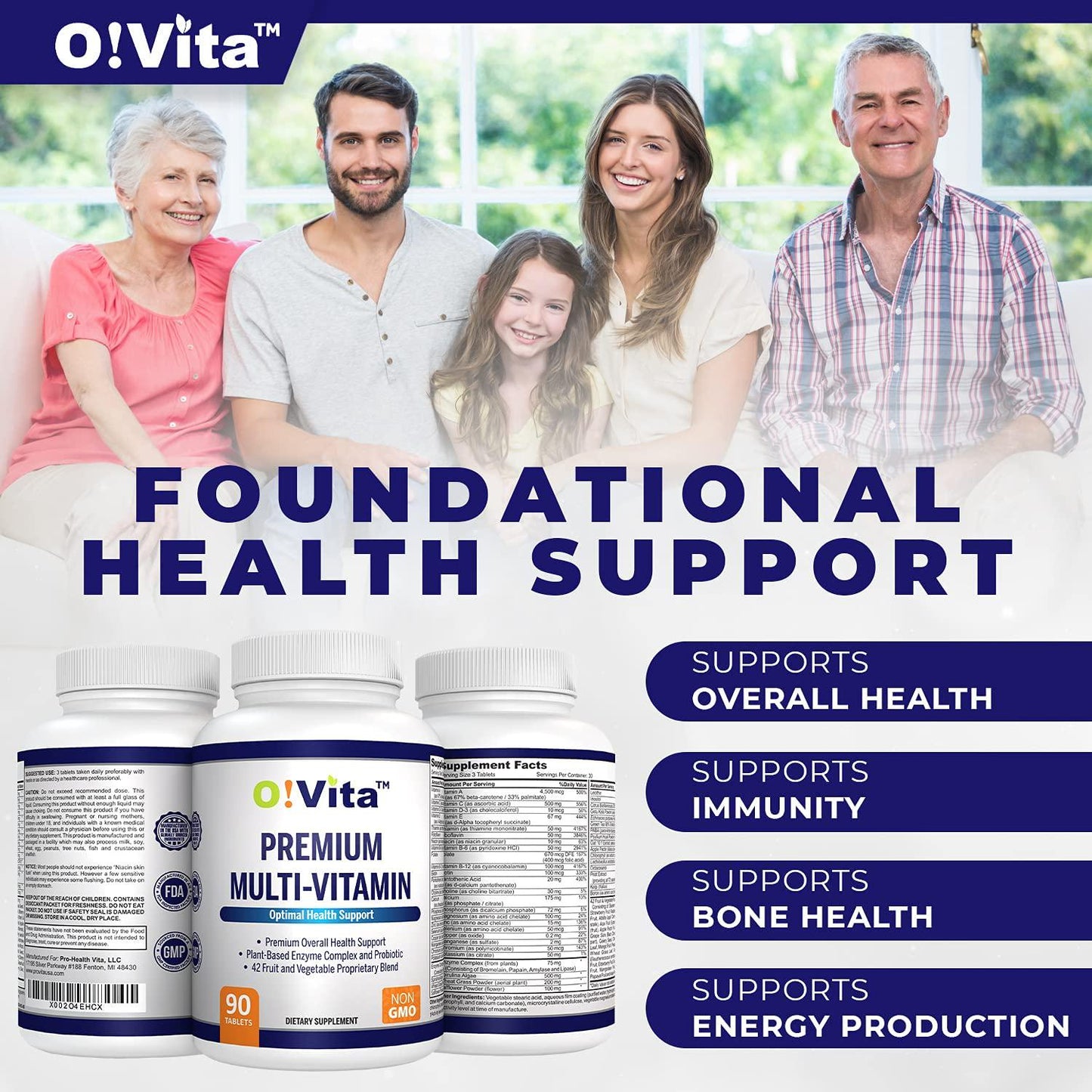 O!VITA Premium Multi-Vitamin, with Echinacea, Amino Acid, Plant-Based Enzymes, Probiotics, 72 Naturally-Occurring Trace Minerals, 42 Fruits and Vegetable Proprietary Blend (90 Vegan Tablets)