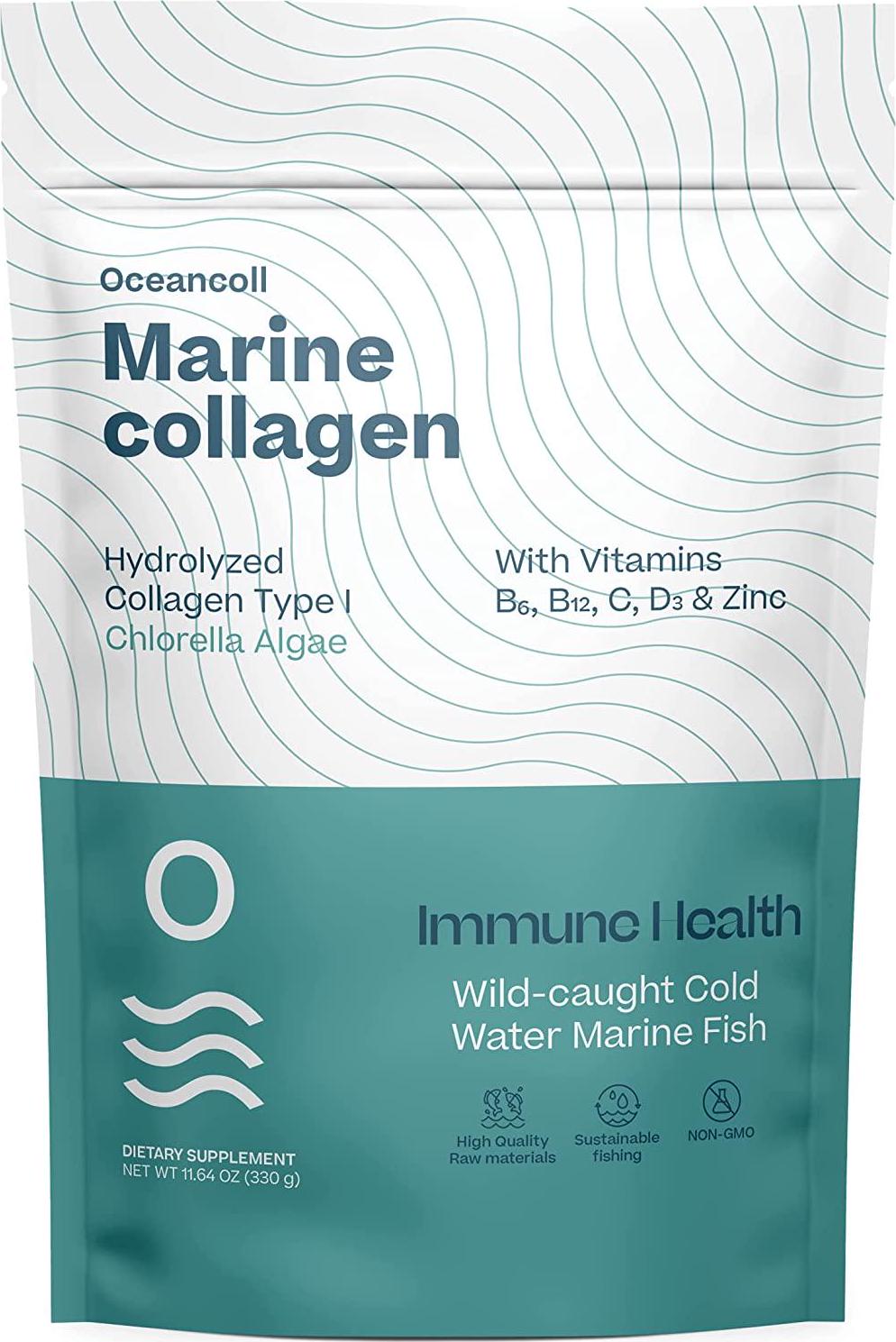 Oceancoll Marine Collagen Powder with Vitamins B6, B12, C, D3, Zinc and Chlorella | Immune Support Supplement | Marine Collagen Peptides | Amino acids for Skin, Hair and Nails | 11.64 oz | 60 doses