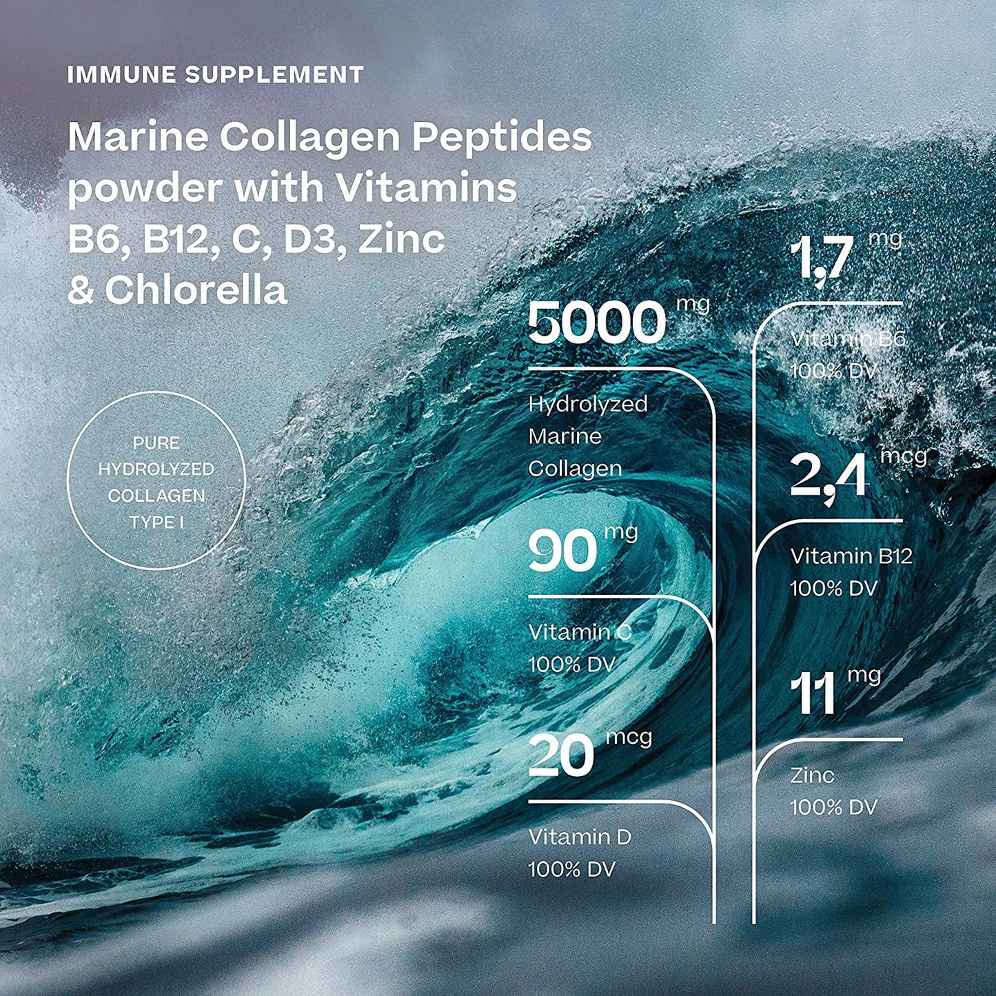 Oceancoll Marine Collagen Powder with Vitamins B6, B12, C, D3, Zinc and Chlorella | Immune Support Supplement | Marine Collagen Peptides | Amino acids for Skin, Hair and Nails | 11.64 oz | 60 doses