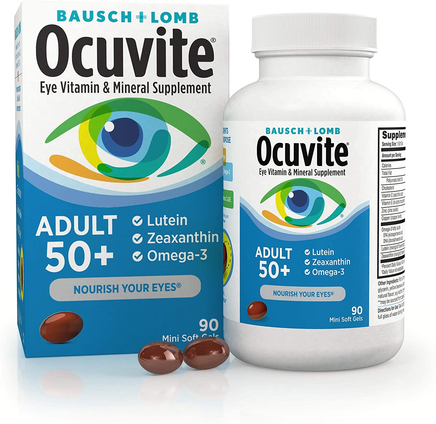 Ocuvite Eye Vitamin and Mineral Supplement, Contains Zinc, Vitamins C, E, Omega 3, Lutein, and Zeaxanthin, 90 Softgels