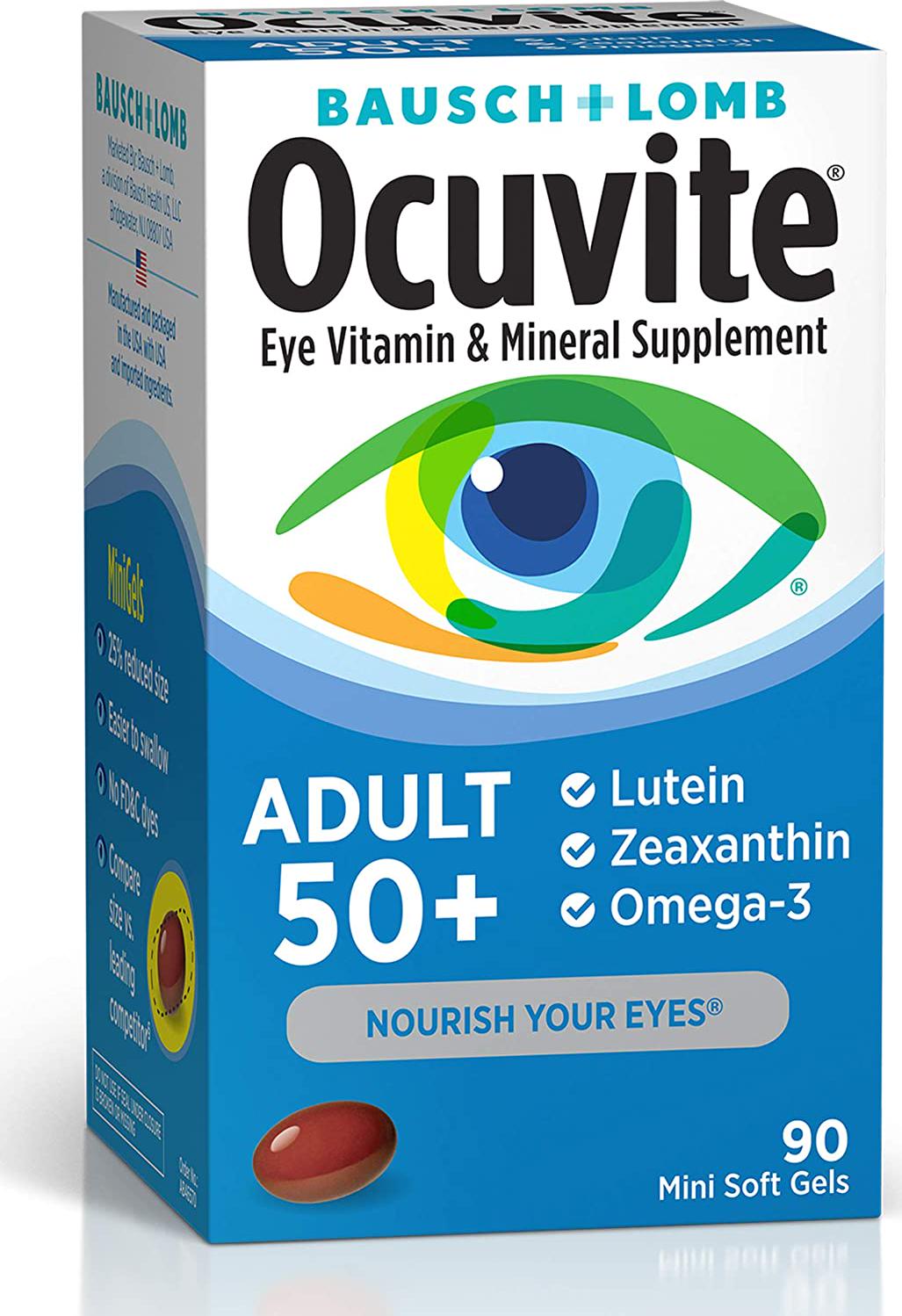 Ocuvite Eye Vitamin and Mineral Supplement, Contains Zinc, Vitamins C, E, Omega 3, Lutein, and Zeaxanthin, 90 Softgels