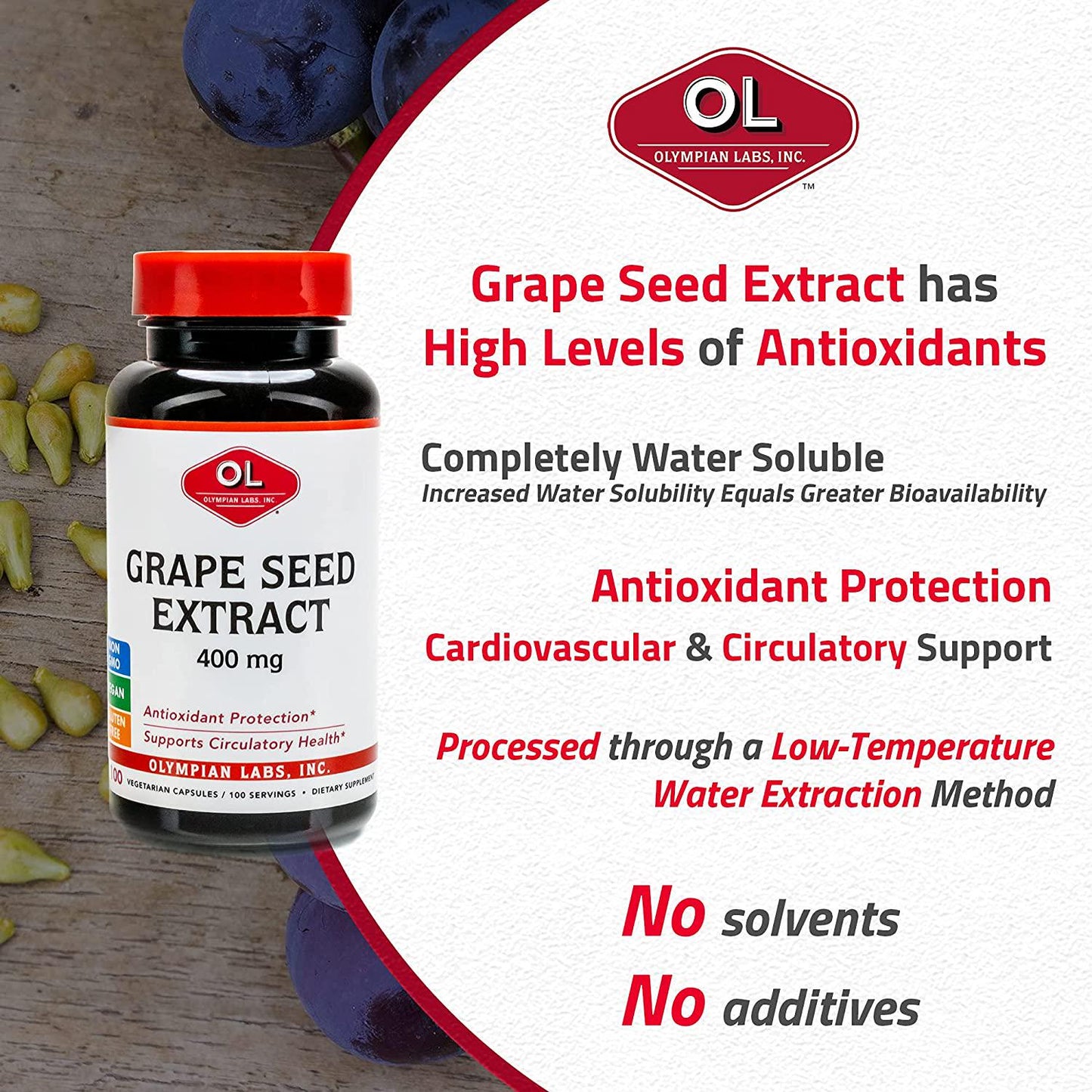 Olympian Labs Grape Seed Extract 400mg, 100 capsules bottle