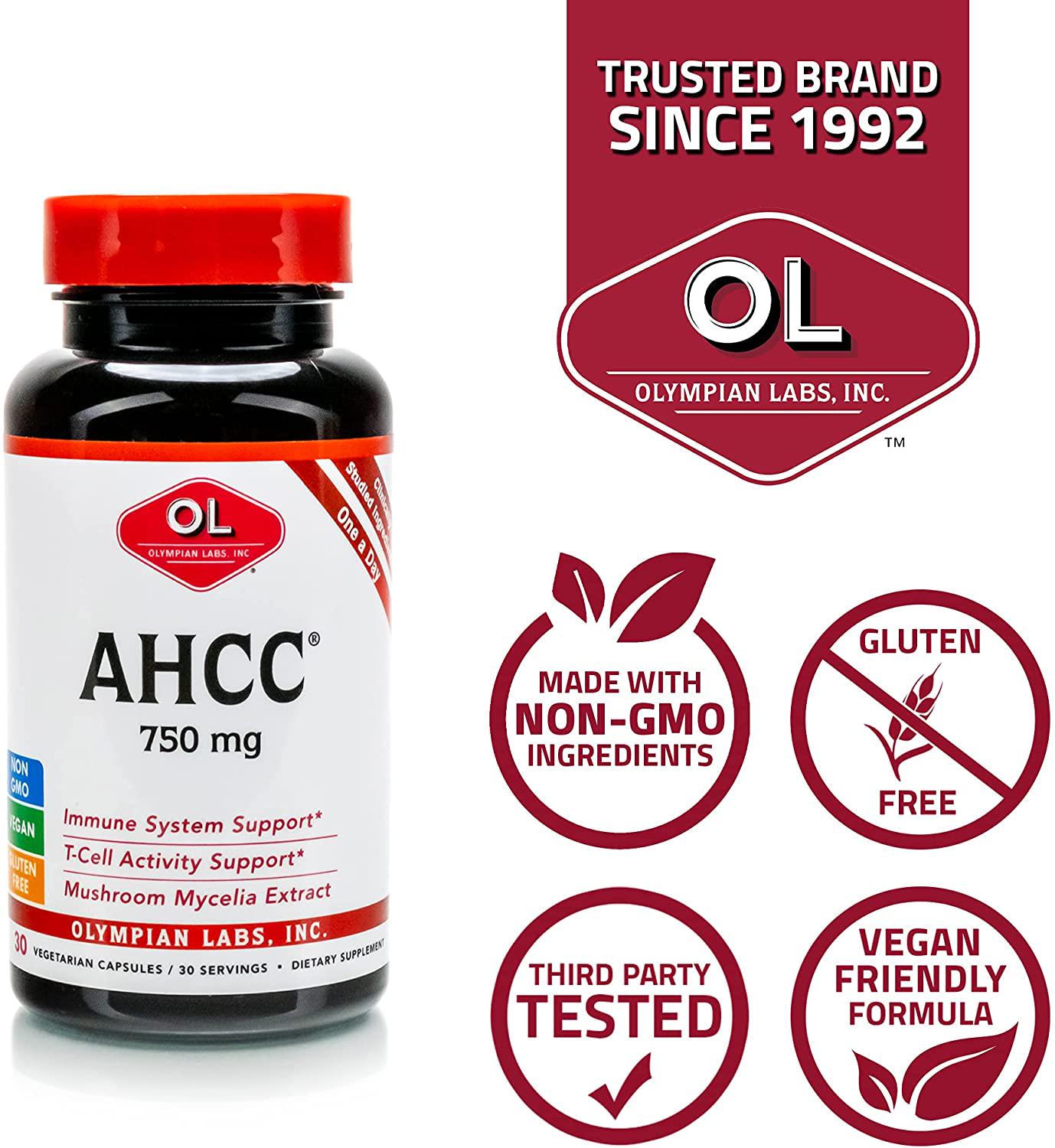 Olympian Labs Premium AHCC Supplement 750mg of AHCC per Capsule Supports Immune Health, Liver Function, and Natural Killer Cell Activity- 30 Caps