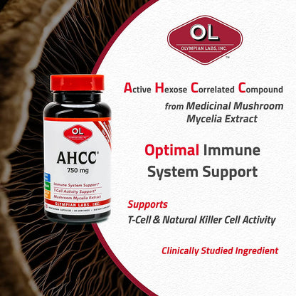 Olympian Labs Premium AHCC Supplement 750mg of AHCC per Capsule Supports Immune Health, Liver Function, and Natural Killer Cell Activity- 30 Caps