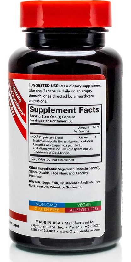 Olympian Labs Premium AHCC Supplement 750mg of AHCC per Capsule Supports Immune Health, Liver Function, and Natural Killer Cell Activity- 30 Caps