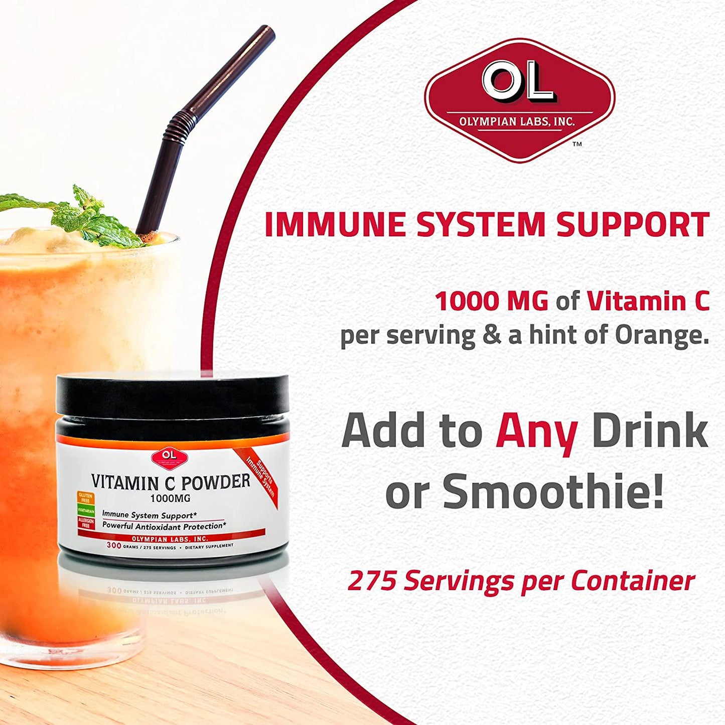 Olympian Labs Vitamin C Powder | Supports Immune System | Natural Antihistamine | 1000mg - 300 Gram