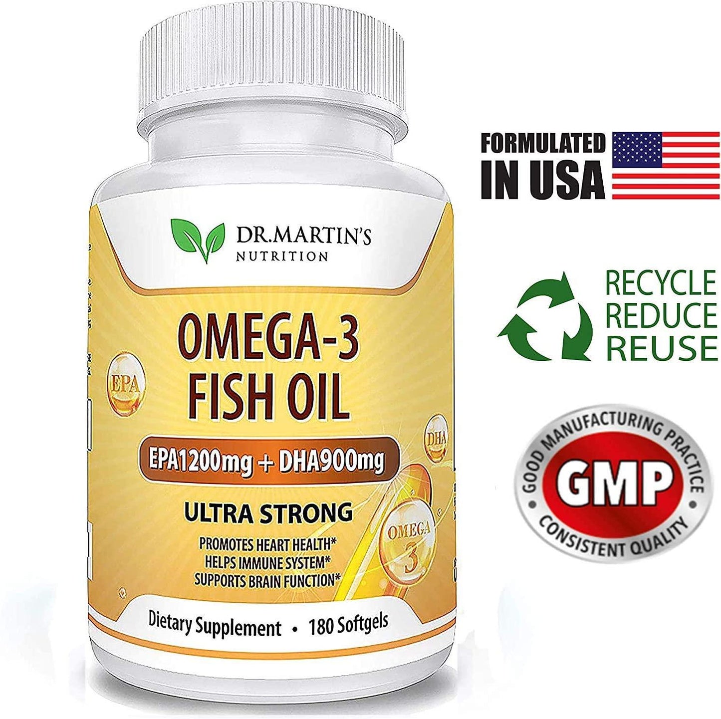 Omega-3 Fish Oil 3750mg Triple Strength - 180 Burpless Softgels | EPA 1200mg + DHA 900mg | Promotes Healthy Heart, Immune System, Eyes, Skin and Brain Function