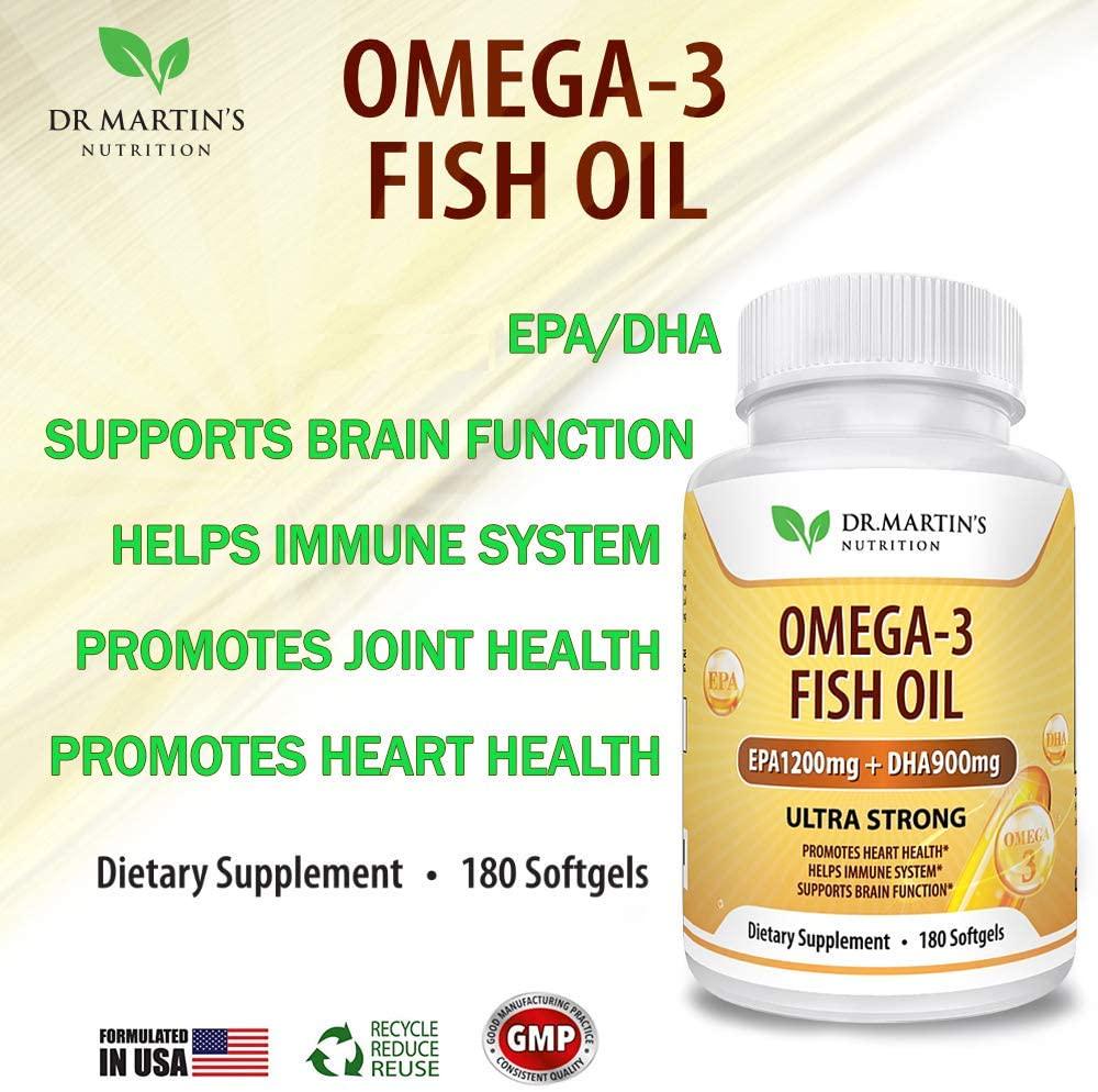 Omega-3 Fish Oil 3750mg Triple Strength - 180 Burpless Softgels | EPA 1200mg + DHA 900mg | Promotes Healthy Heart, Immune System, Eyes, Skin and Brain Function
