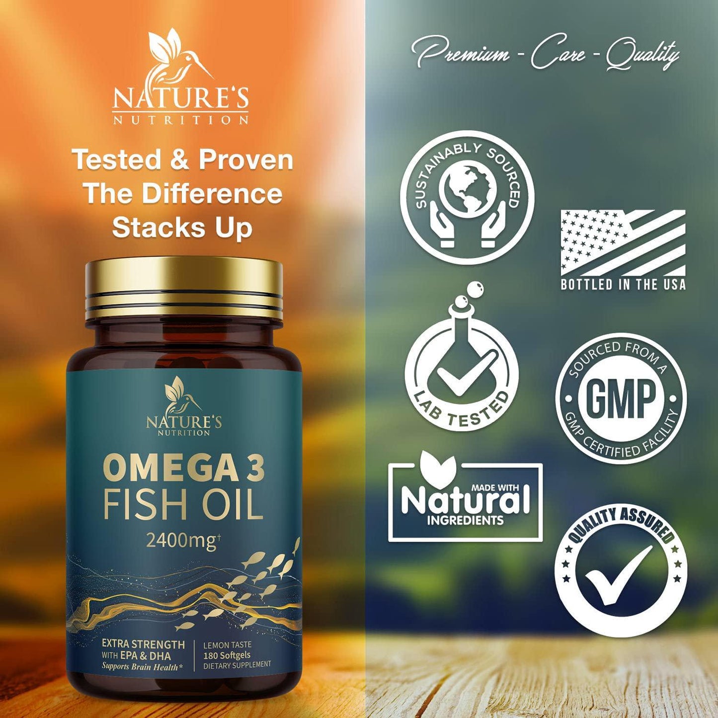 Omega 3 Fish Oil Concentrated Triple Strength 2400mg - EPA and DHA Fatty Acids Capsules, Non-GMO - 180 Softgels