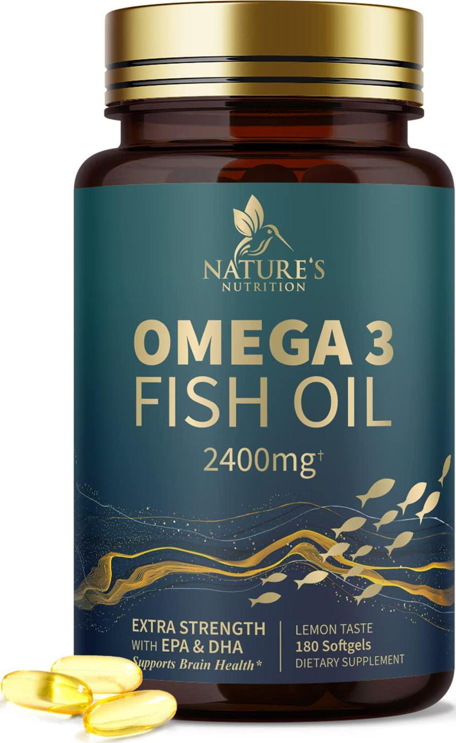Omega 3 Fish Oil Concentrated Triple Strength 2400mg - EPA and DHA Fatty Acids Capsules, Non-GMO - 180 Softgels