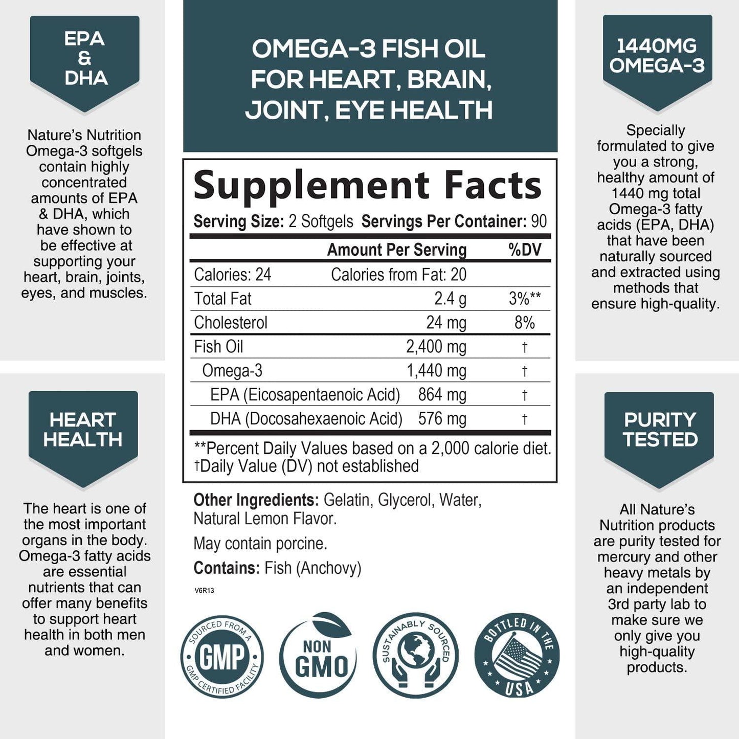 Omega 3 Fish Oil Concentrated Triple Strength 2400mg - EPA and DHA Fatty Acids Capsules, Non-GMO - 180 Softgels