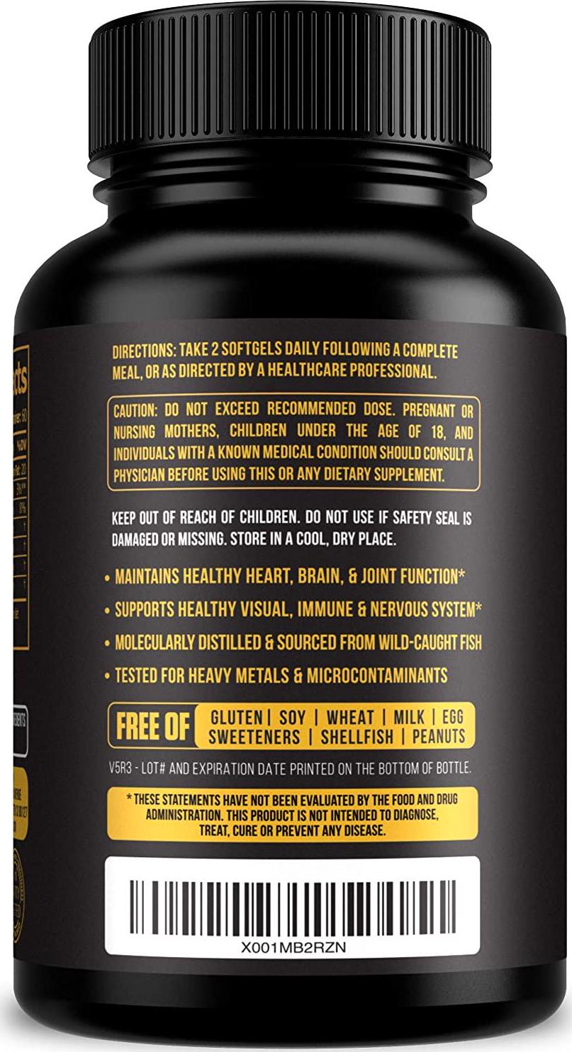 Omega 3 Fish Oil Triple Strength - Sourced from Wild Caught Fish - Non-GMO, Soy and Gluten Free - High EPA and DHA Supplement - Heart + Brain Health, Joint and Skin Support - 120 Softgel Capsules