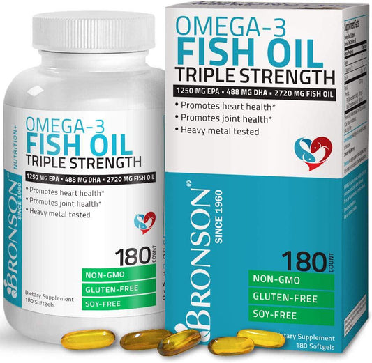 Omega 3 Fish Oil Triple Strength 2720 mg - High EPA 1250 mg DHA 488 mg - Heavy Metal Tested - Non GMO - 180 Softgels