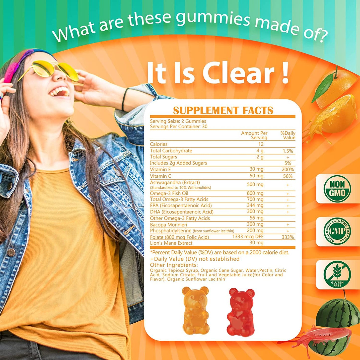 Omega 3, Phosphatidylserine, Bacopa Monnieri, Ashwagandha Gummies - Brain Booster, Immune Support - Brain Support Supplement for Focus, Memory, Concentration, 120 Gummies