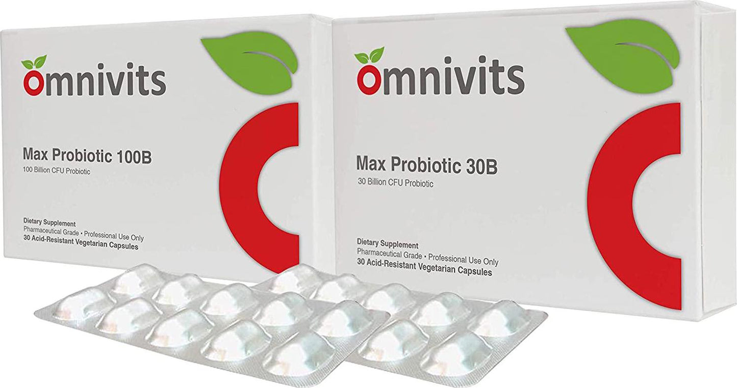 Omnivits Max Probiotic Daily 30 Billion CFU| 4 Strains Lactobacillus Acidophilus Bifidobacterium longum Lactobacillus Plantarum HOWARU Bifido | No Refrigeration| 30 Acid-Resistant Vegetarian DRCaps