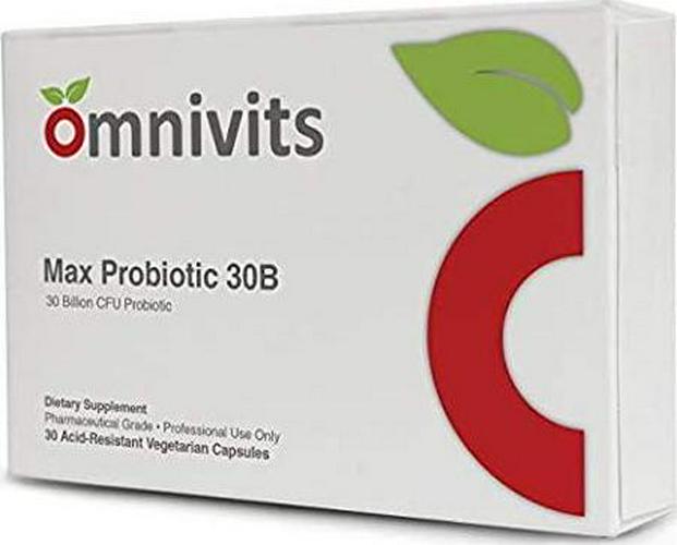 Omnivits Max Probiotic Daily 30 Billion CFU| 4 Strains Lactobacillus Acidophilus Bifidobacterium longum Lactobacillus Plantarum HOWARU Bifido | No Refrigeration| 30 Acid-Resistant Vegetarian DRCaps